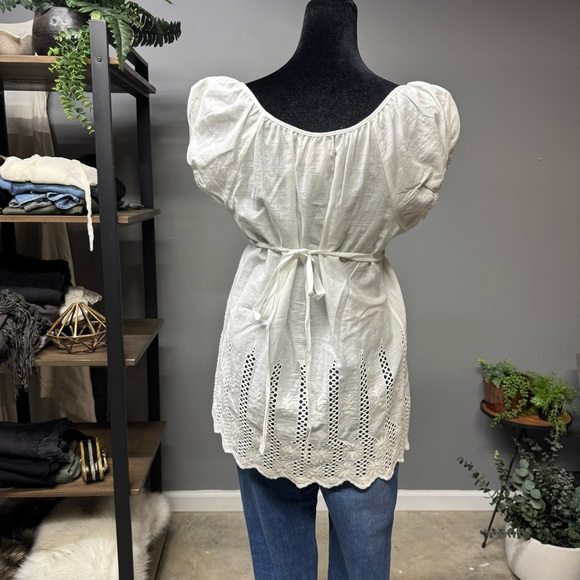 Max Studio MSSP white eyelet lace puff sleeve blouse top womens medium cotton - Picture 3 of 5